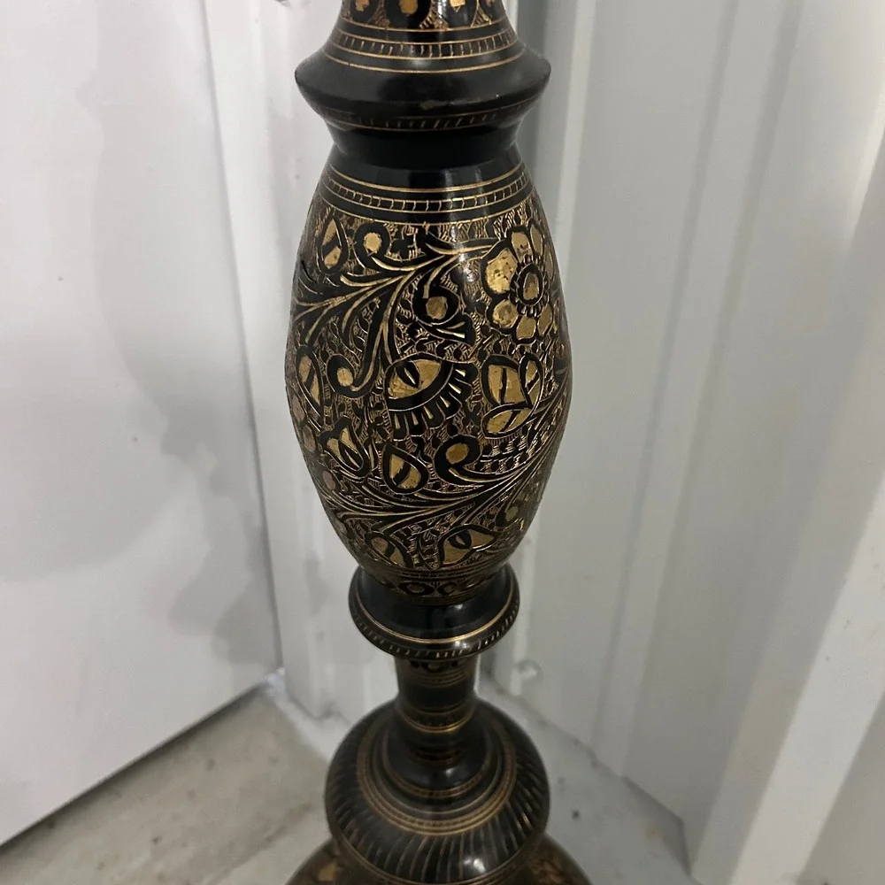 Vintage Persian Etched Brass Floor Lamp Black Gold Floral Tall Decorative Stand